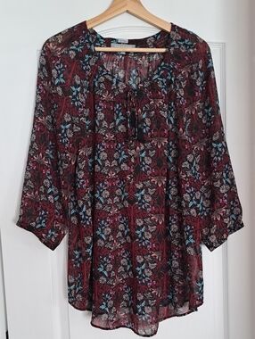 Daniel Rainn Burgundy Floral Tunic with Blue and Pink Accents